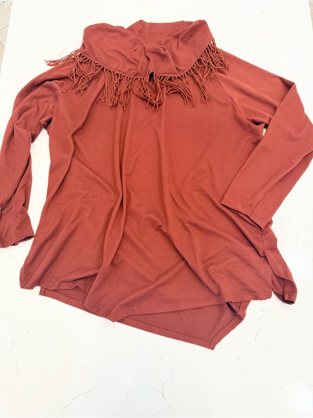 French Laundry Rust Fringe Cowl-Neck Tunic